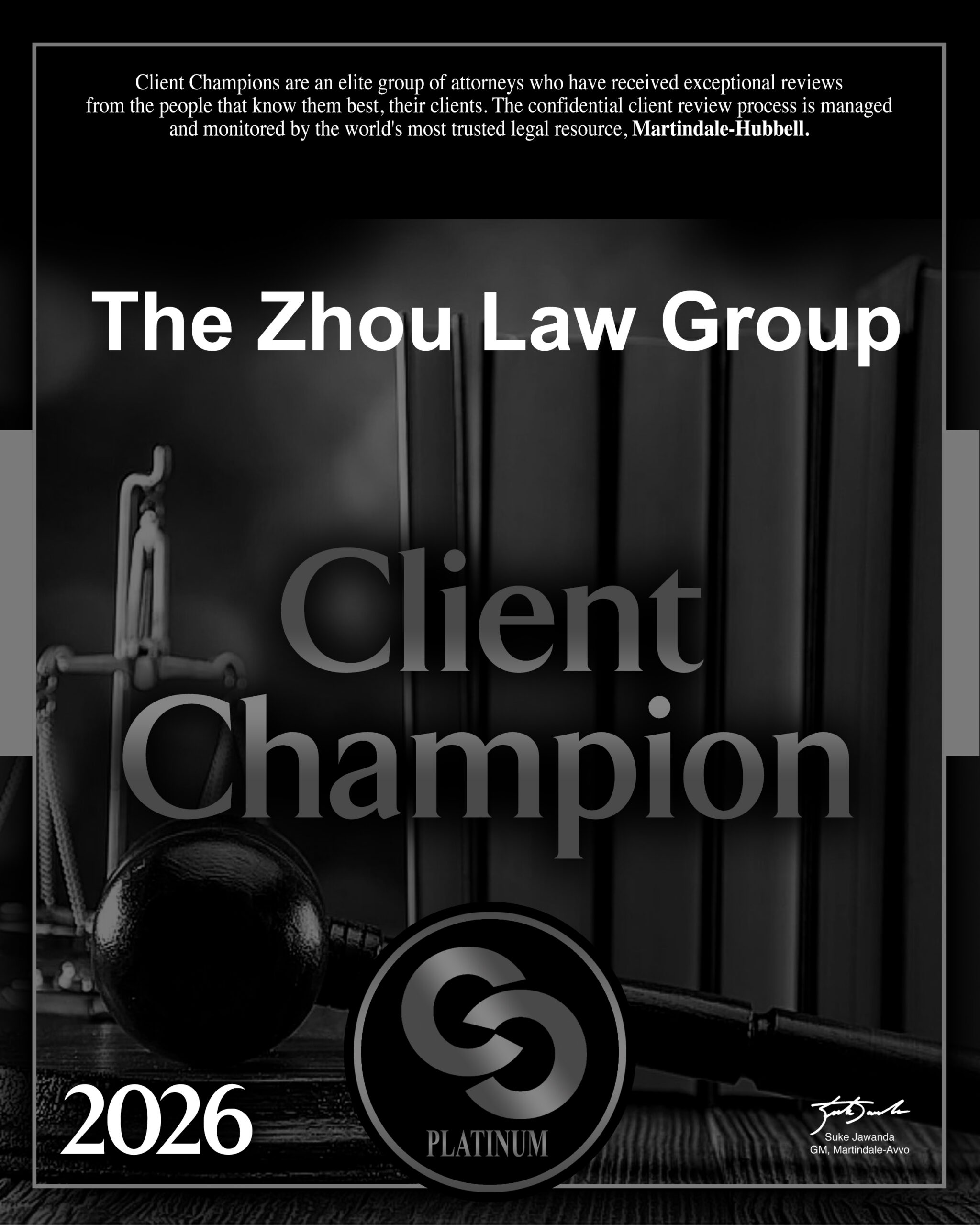 Martindale-Hubbell Client Champion Platinum Joanne Zhou 2026